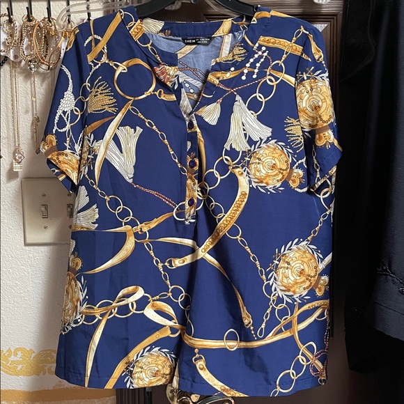 SHEIN Blue and Gold Chain Print Blouse LARGE - Picture 1 of 2